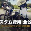 白いヘルメットをシーシーバーに掛けたカスタムチョッパーを後方から見た全体像