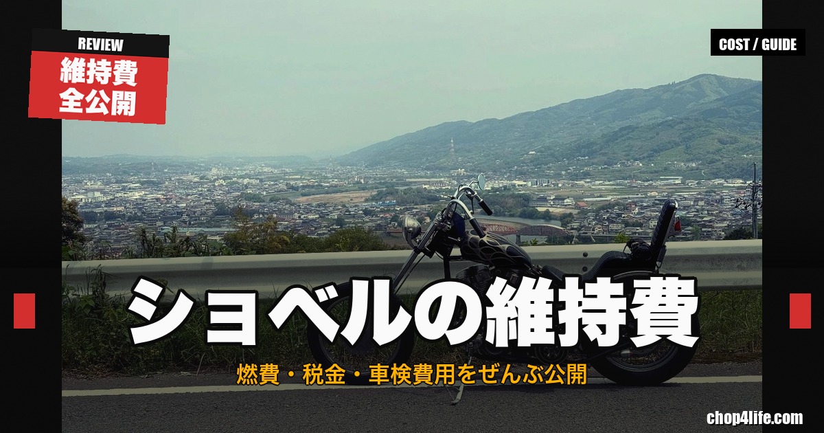 市街地を見下ろす峠の展望スポットに停めたショベルヘッドのチョッパー
